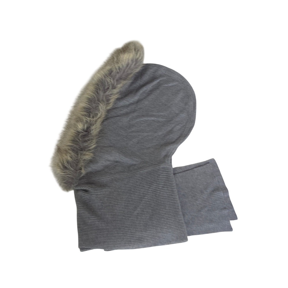 Cabi Grey Faux Fur Trim Hooded Scarf Cashmere Blend Knit Snood 3475 OS